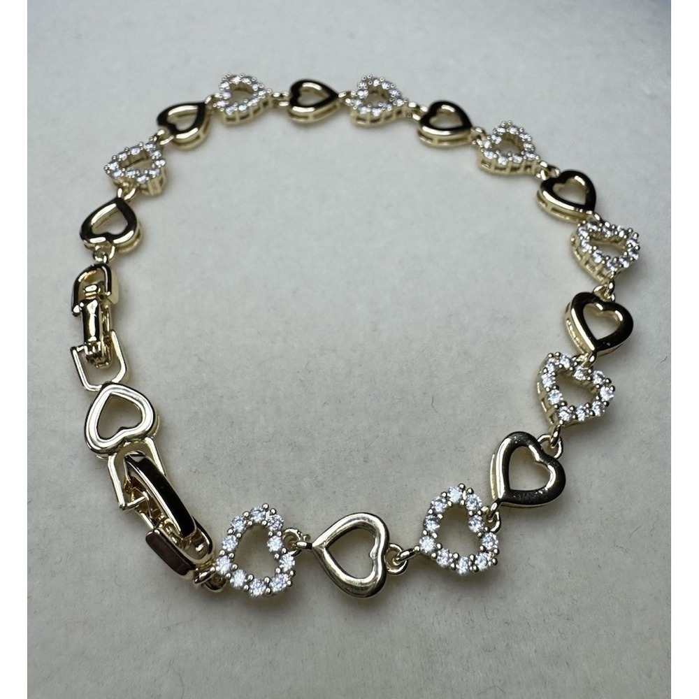 14k Yellow Gold Filled Tarnish-Resist 7.5" Heart Chain Bracelet Crystal New - Picture 4 of 4